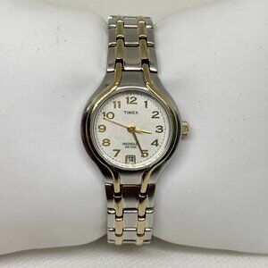 Timex indiglo women date watch gold silver tone quartz analog 25mm round running